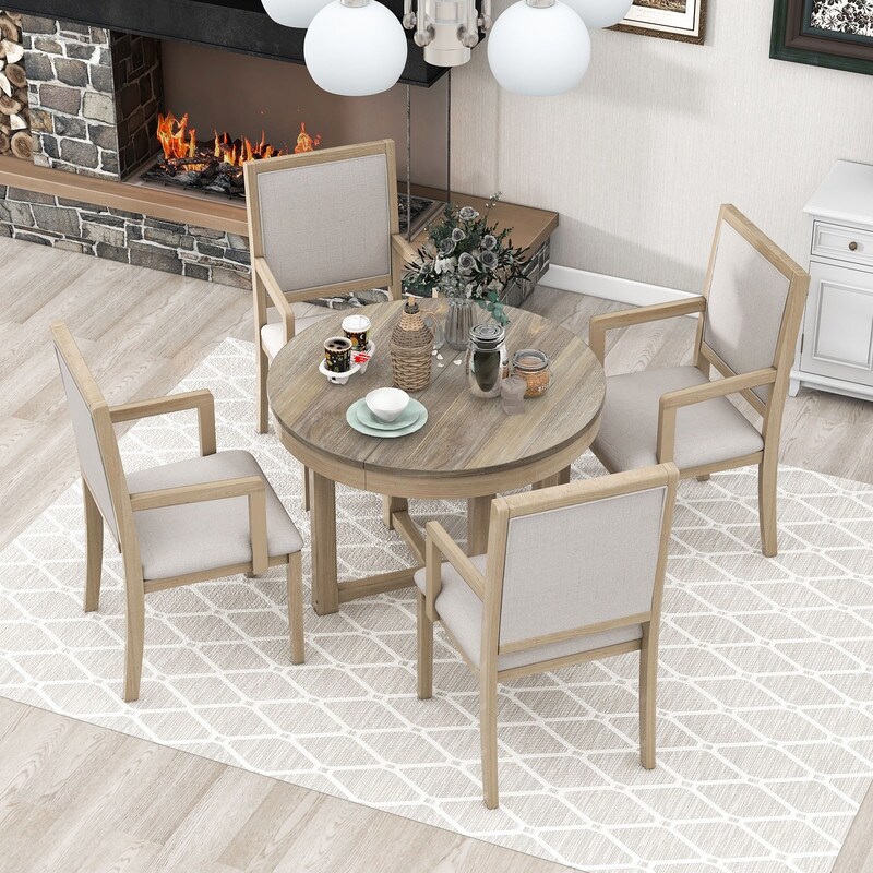 5 Piece Elegant Dining Table Set  Extendable Butterfly Leaf Wood Dining Table and 4 Upholstered Dining Chairs with Armrests