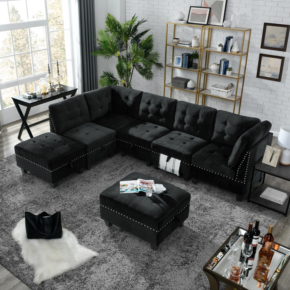 Black Velvet L Shape Modular Sectional Sofa   DIY Combo with Three Single Chairs  Two Corners  and Two Ottomans