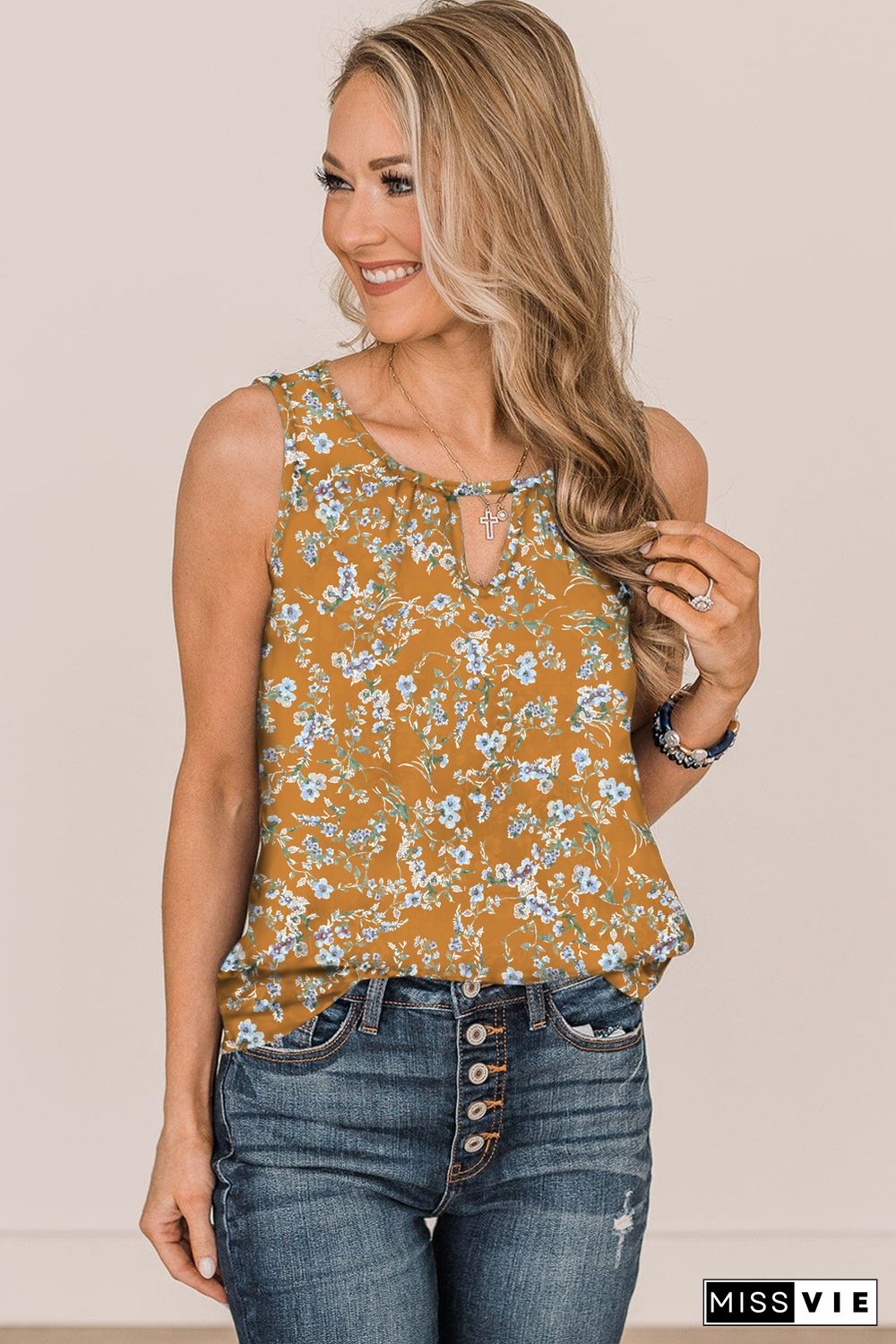 Yellow Notched Neck Floral Tank Top