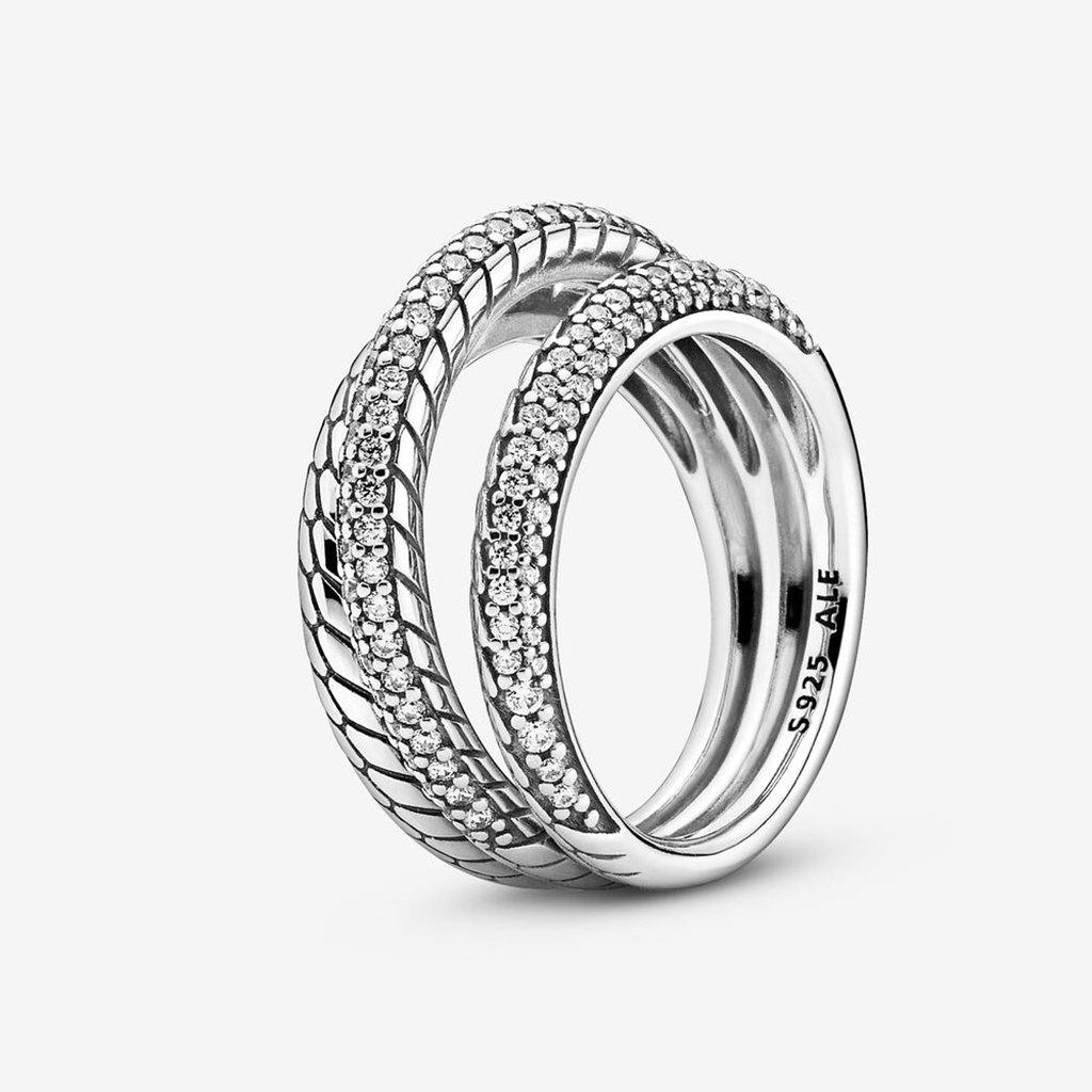 PANDORA  Triple Band Pavé Snake Chain Pattern Ring