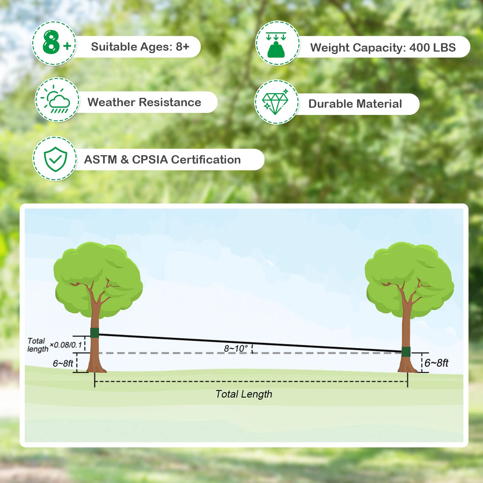 Costzon 100 FT Zipline for Backyard, Outdoor Zipline Kit for Kids