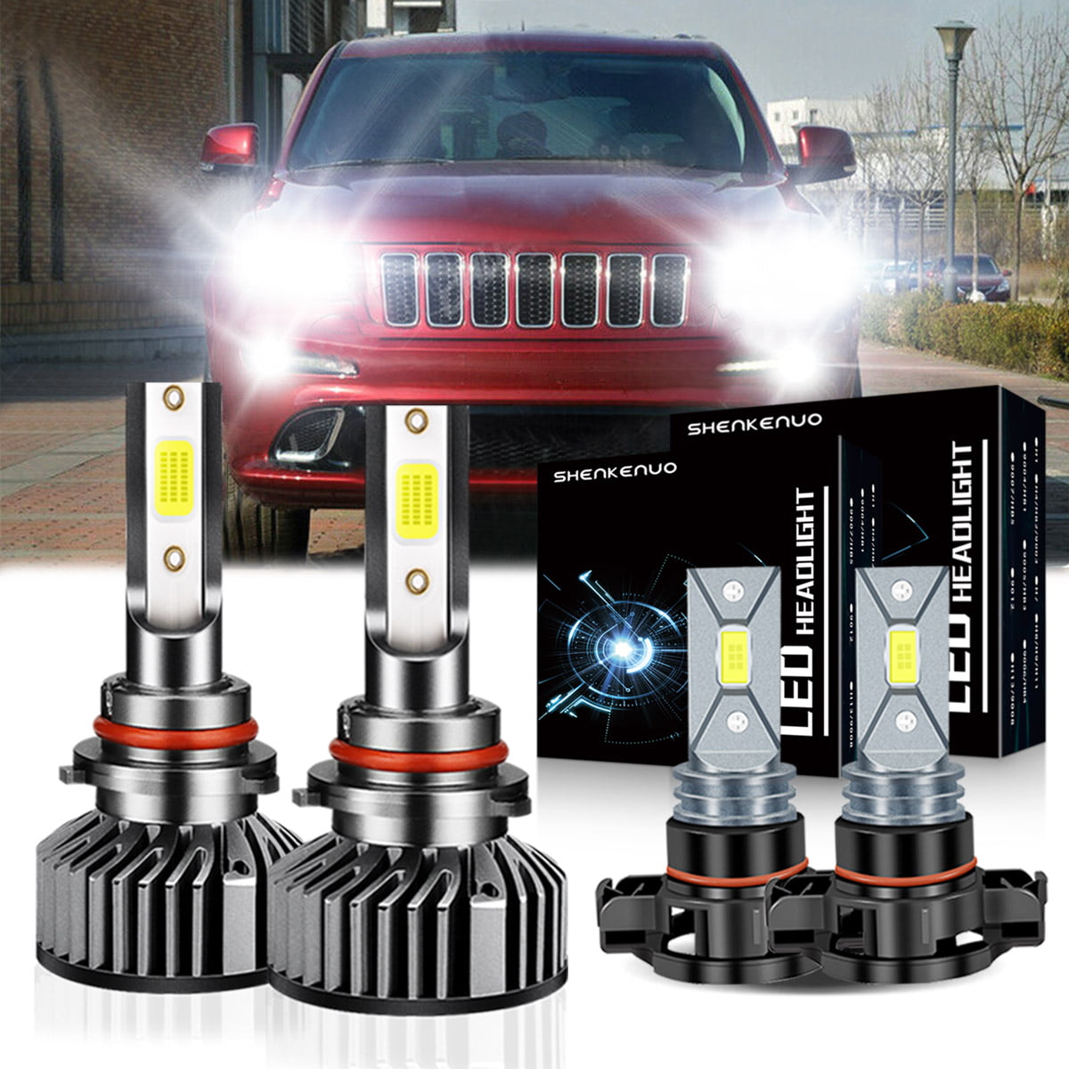 For Jeep Cherokee 2016-2019 Headlights，9005 HB3 High Beam and Low Beam Bulbs+2504/H16/5202 LED Fog light Bulbs，6pc