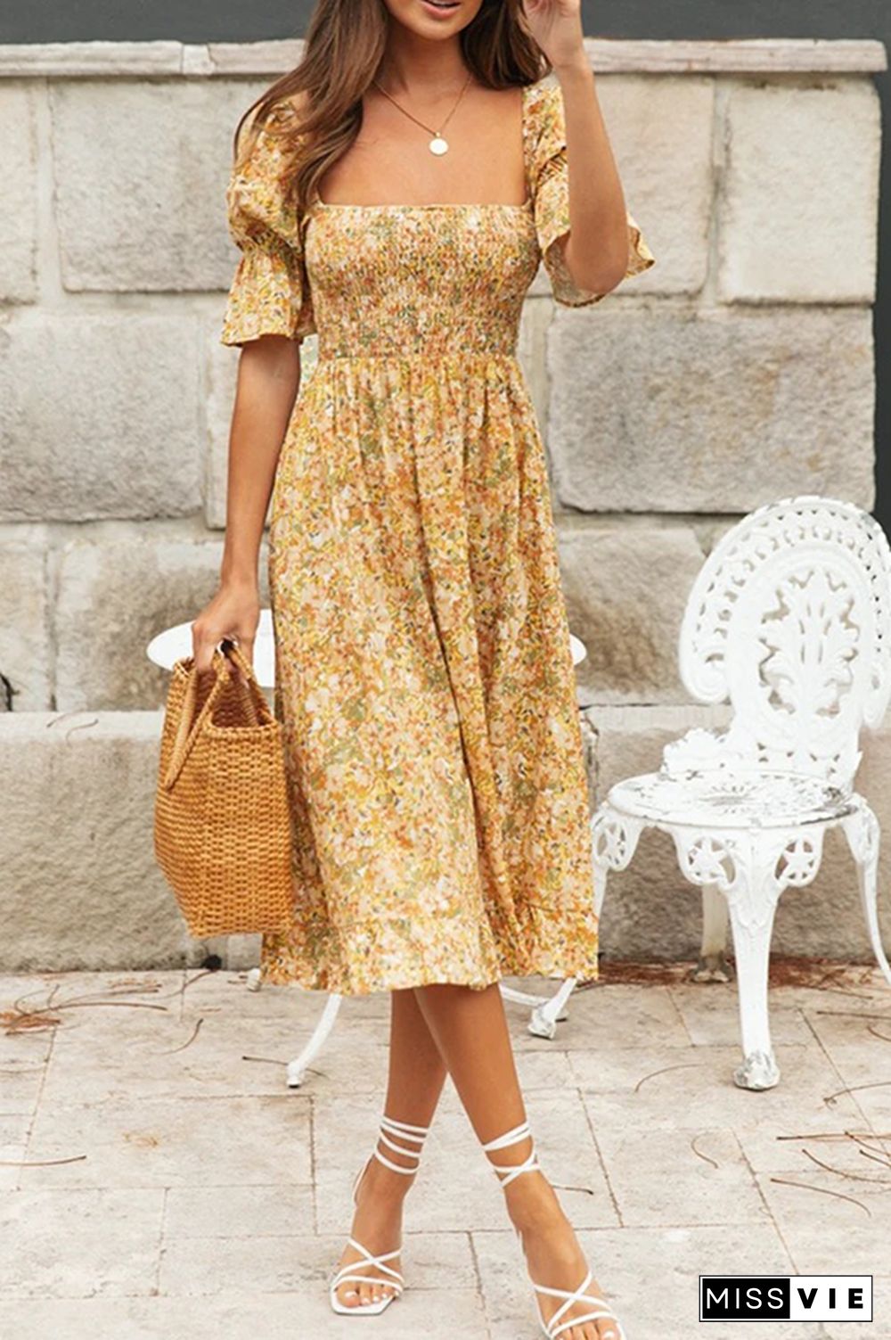 Fashion Elegant Floral Flounce Fold Square Collar Dresses