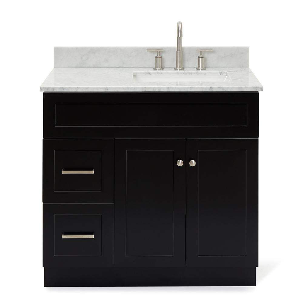 ARIEL Hamlet 37 in. W x 22 in. D x 36 in. H Bath Vanity in Black with White Carrara Marble Vanity Top with White Basin F037SRCW2RVOBLK