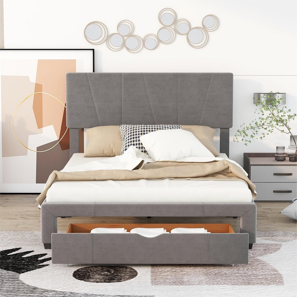 Modern Queen Size Upholstery Platform Bed with One Drawer