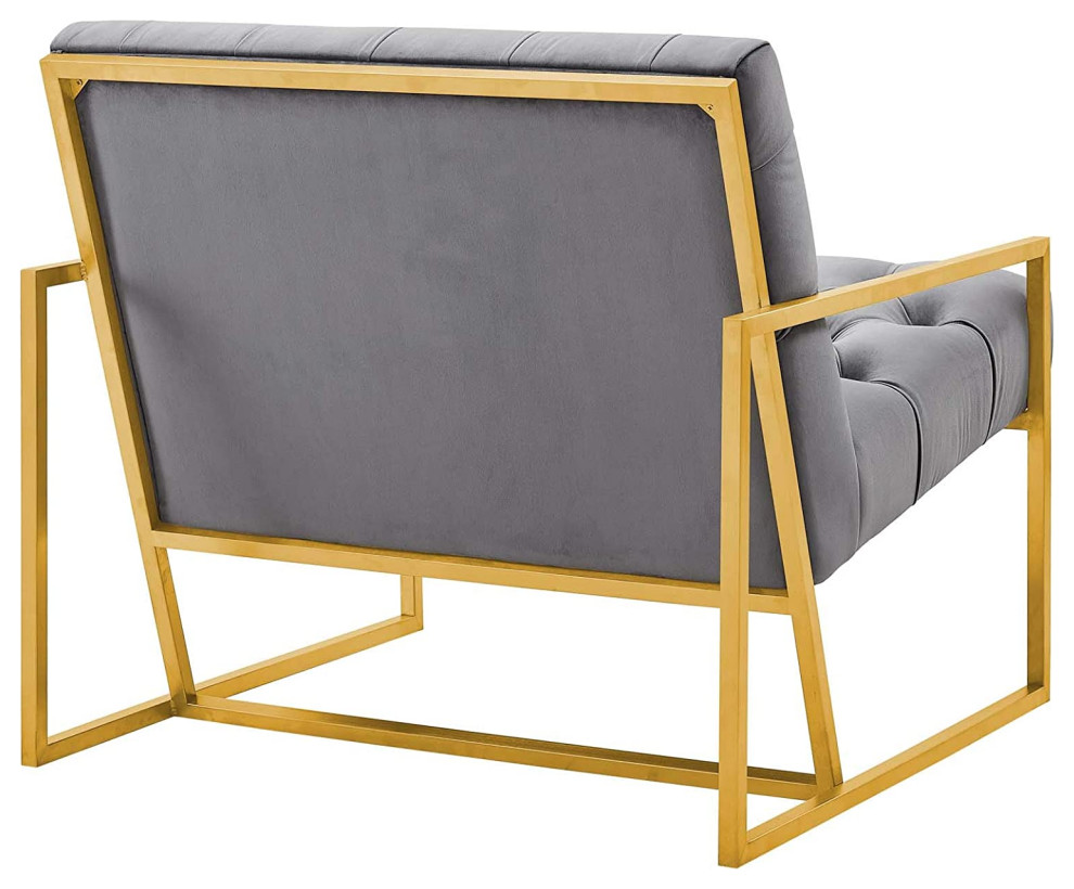 Modern Accent Chair  Gold Stainless Steel Frame With Velvet Button Tufting  Gray   Traditional   Armchairs And Accent Chairs   by Declusia  Houzz