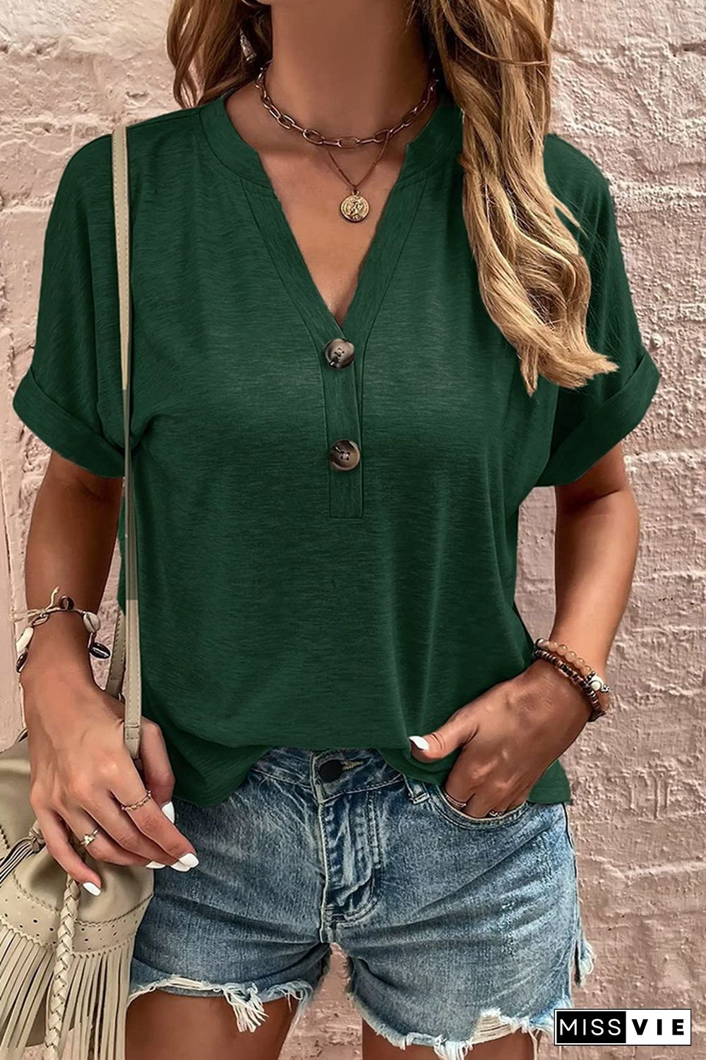 Plain V Neck Buttoned Tee