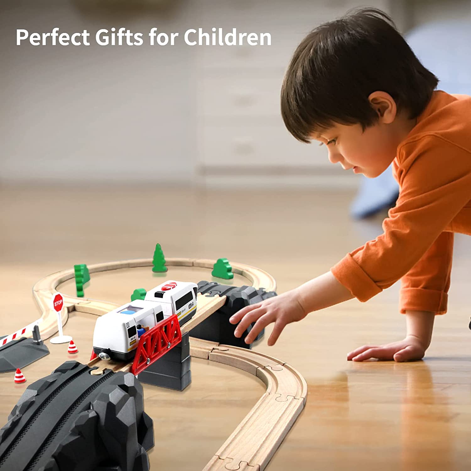 Wood City Battery Operated Train for Wooden Train Track， Electric Locomotive Train Set with Powerful Engine Compatible with Thomas， Brio， Chuggington， Bullet Train Toys for Toddlers 3 4 5 Year Olds