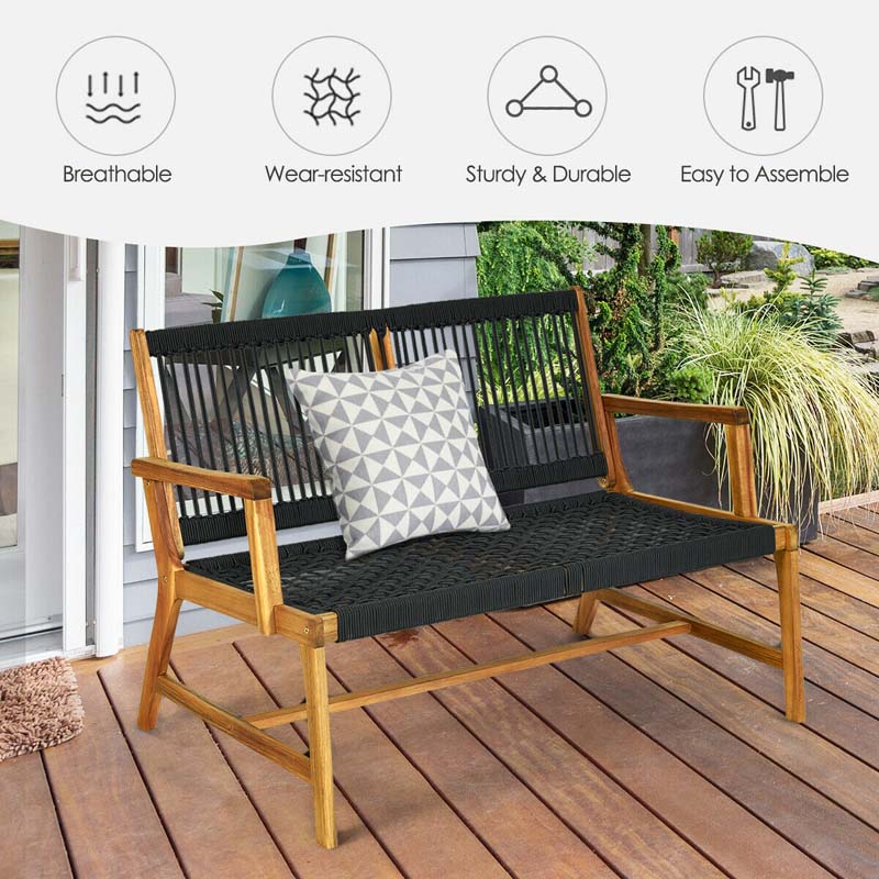 2-Person Acacia Wood Rope Bench Loveseat Chair, Outdoor Patio Garden Park Bench in Teak Oil Finish