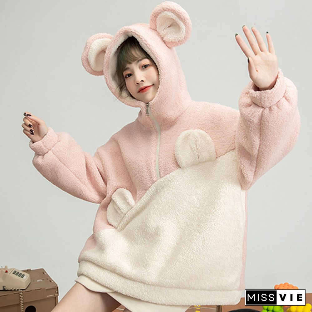 Cartoon Bear Ears Zipper Colorblock Loose Hoodie