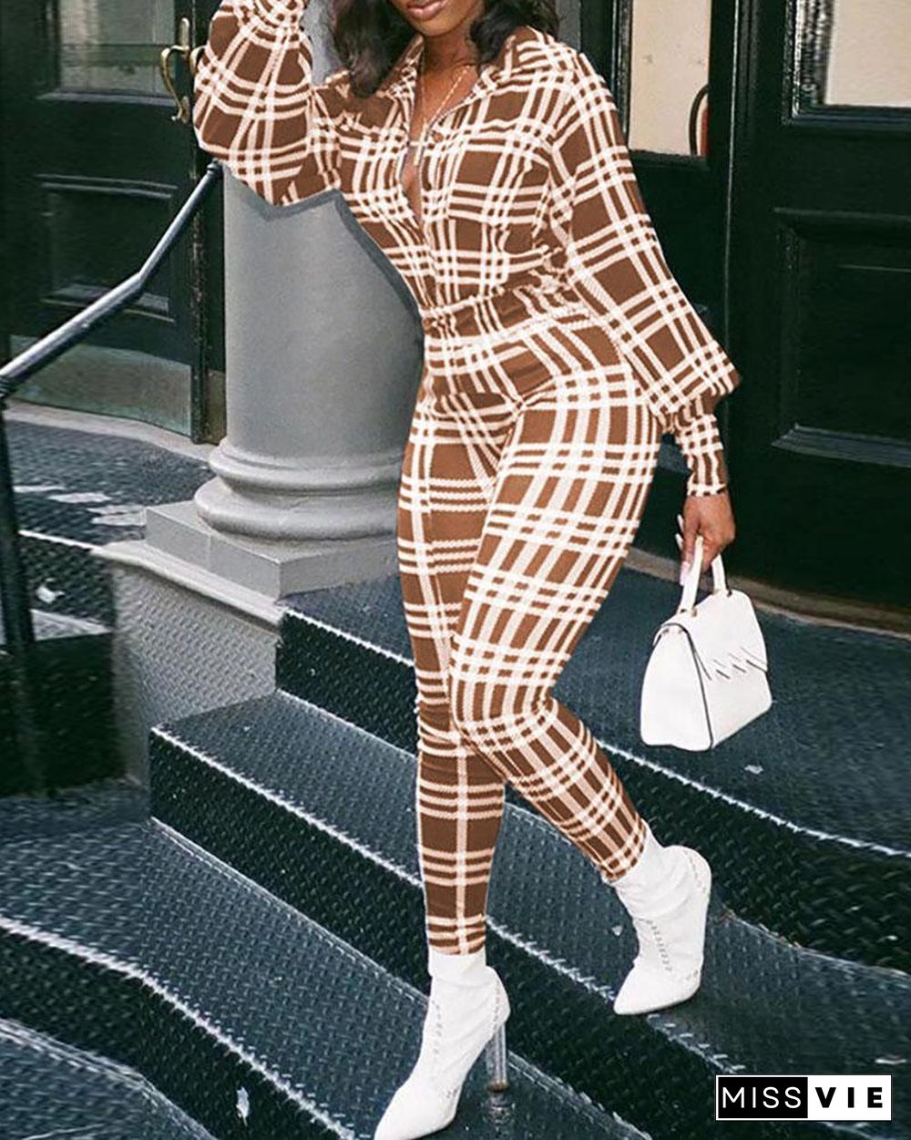 Puffed Sleeve Plaid Print Jumpsuit P14311