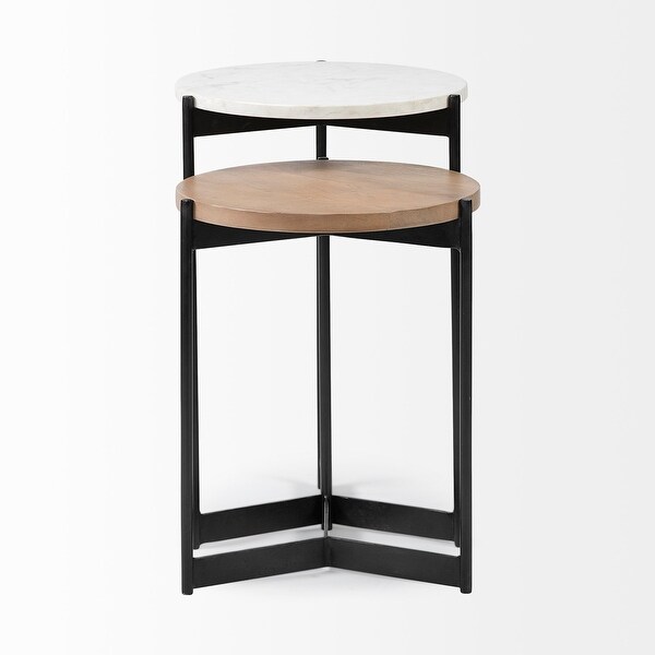 Larkin II Medium Brown Solid Wood and White Marble w/ Black Iron Frame Nesting End / Side Tables (Set of 2)