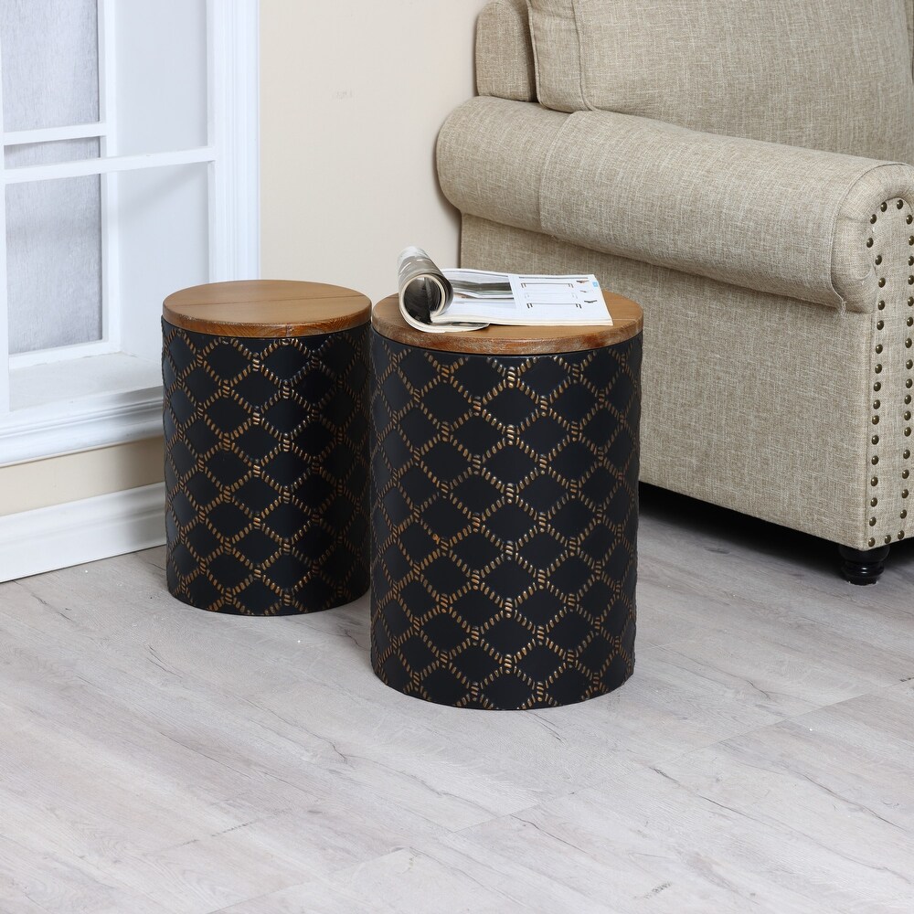 Set of 2 Metal Round Side and End Tables with Enclosed Storage