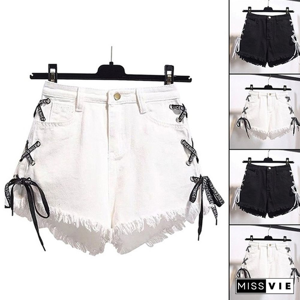 Women Fashion Raw-strap High-waist Denim Shorts with Loose Skinny Plus Size Pants