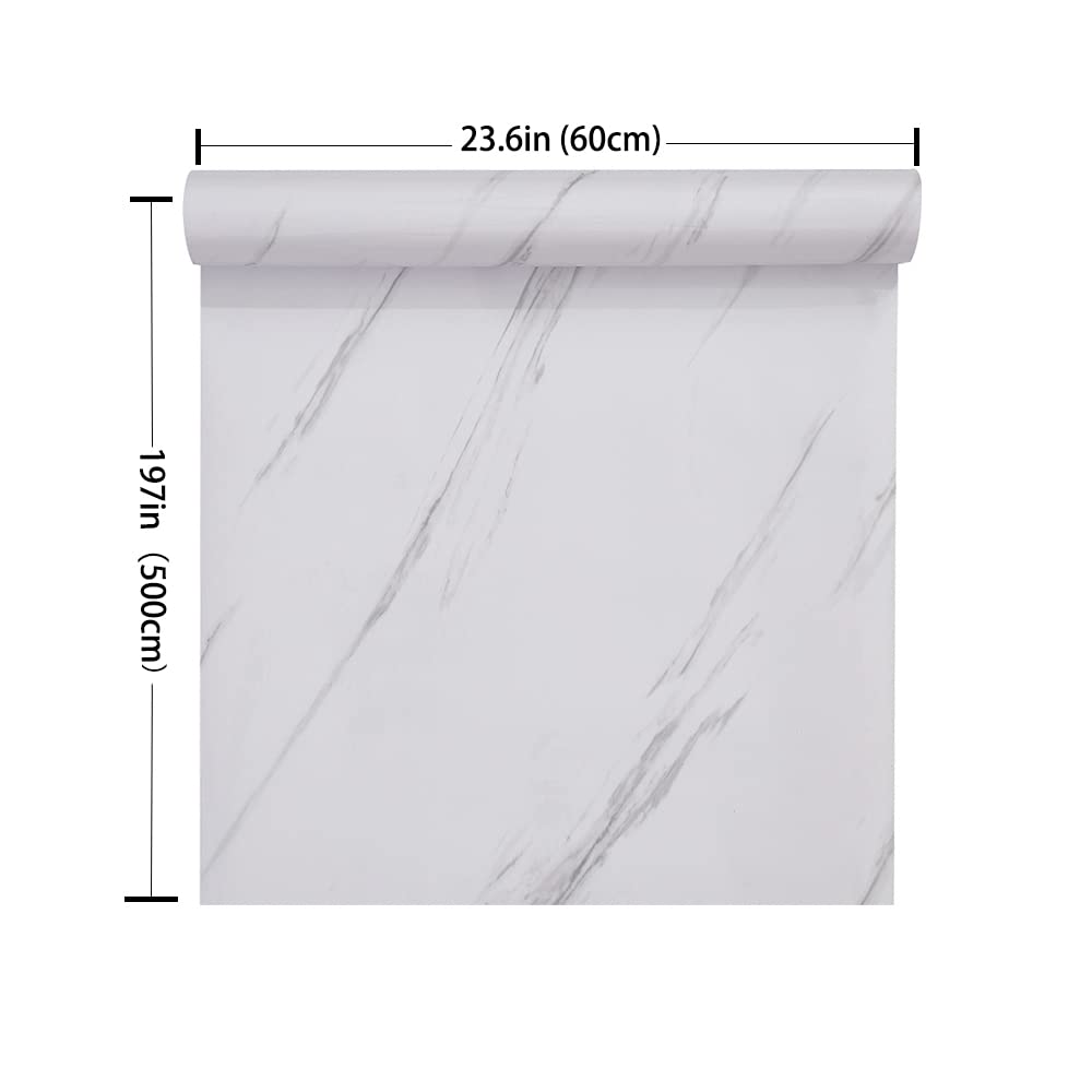 Glossy Marble Paper,Grey/White Contact Wallpaper for Cabinets,Waterproof Marble Vinyl Wrap,Self Adhesive Removable Wallpaper for Kitchen Cabinet Furniture,23.6″ ×197″