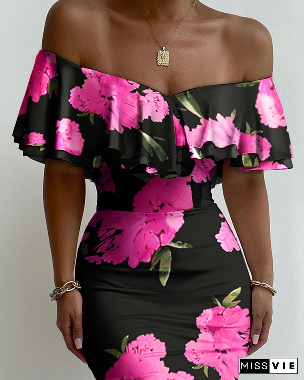 Floral Print Off Shoulder Ruffles Skinny Dress