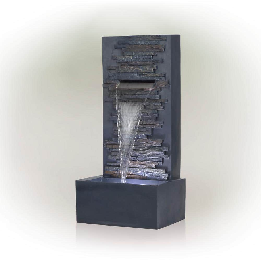 Alpine Corporation 32 in. Tall Cascading Stone Wall Fountain Decoration with LED Lights WIN1562