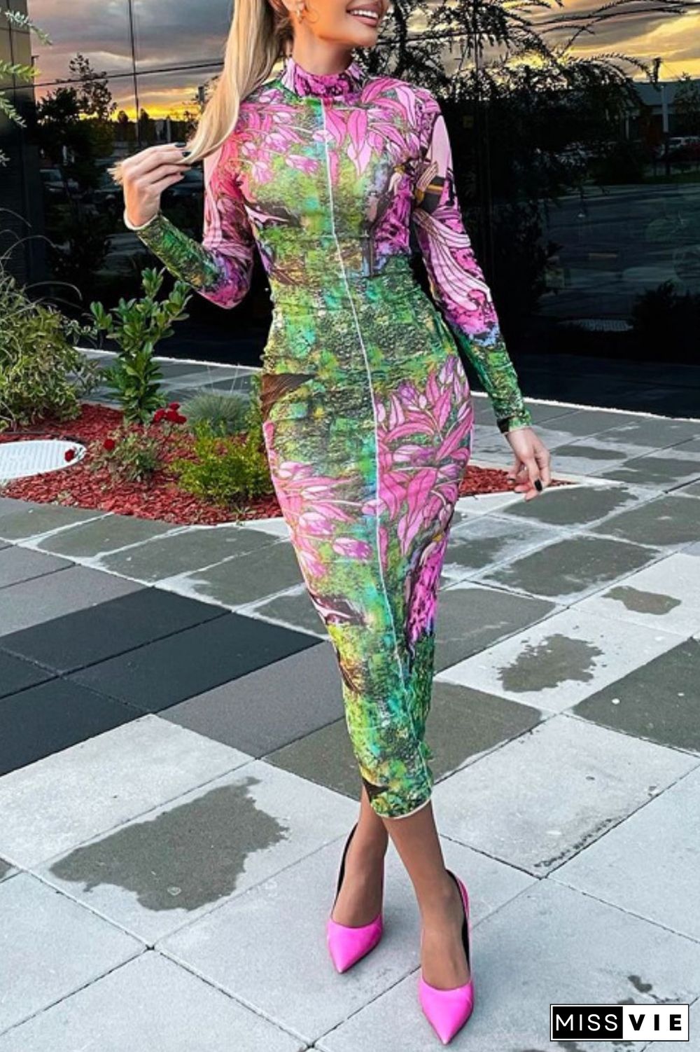 Colour Casual Print Patchwork Half A Turtleneck Long Sleeve Dresses