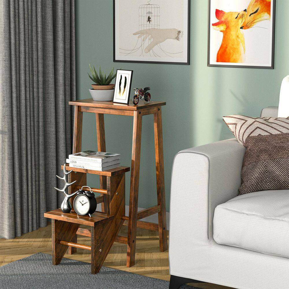 WELLFOR 3-in-1 3-Step Rubber Wood Folding Step Stool 200 lbs. with Convenient Handle in Natural JV10235-HGY-CF
