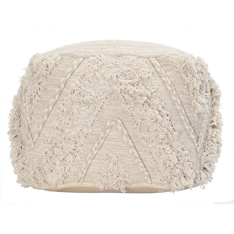 Fabric Pouf Ottoman with Woven Design and Fringe Details， Cream