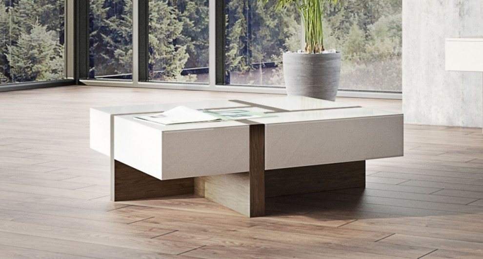 Modern White and Walnut Square Coffee Table with Storage   Transitional   Coffee Tables   by HomeRoots  Houzz