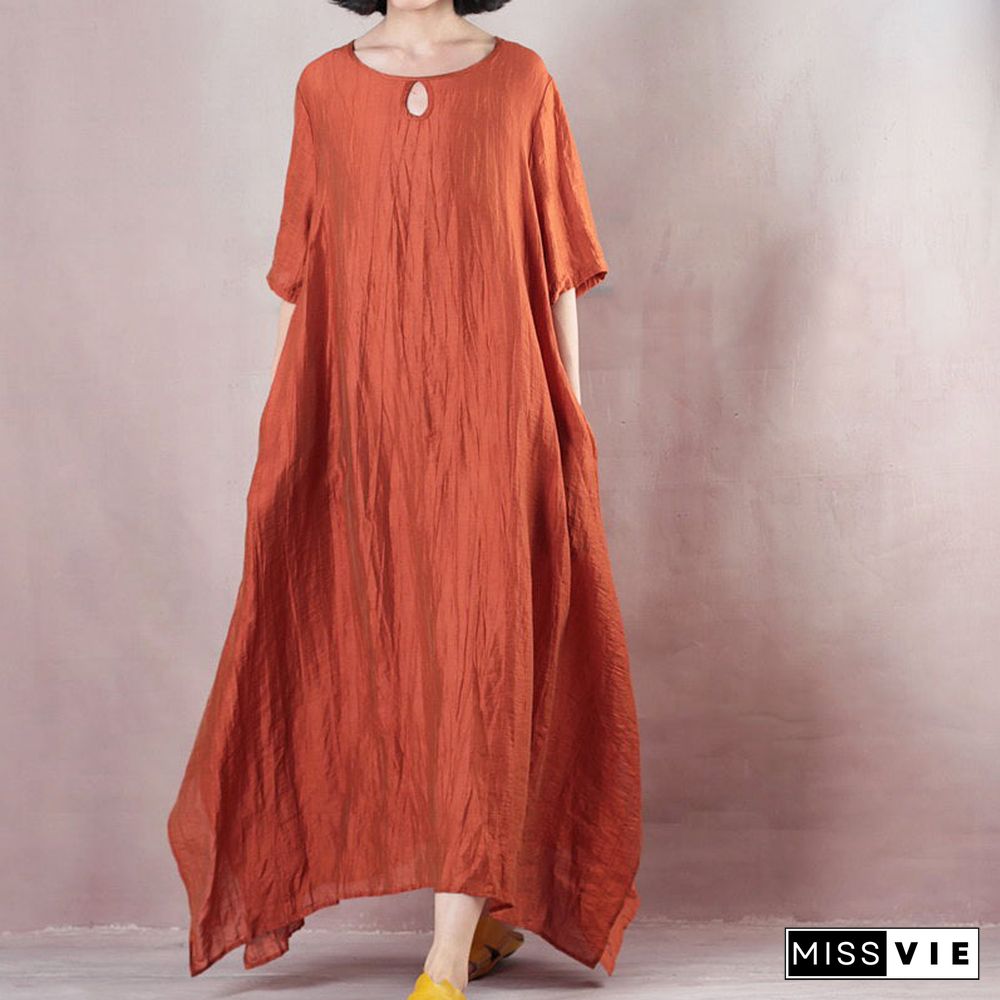 vintage orange linen maxi dress plus size clothing o neck tie waist linen maxi dress fine short sleeve gown