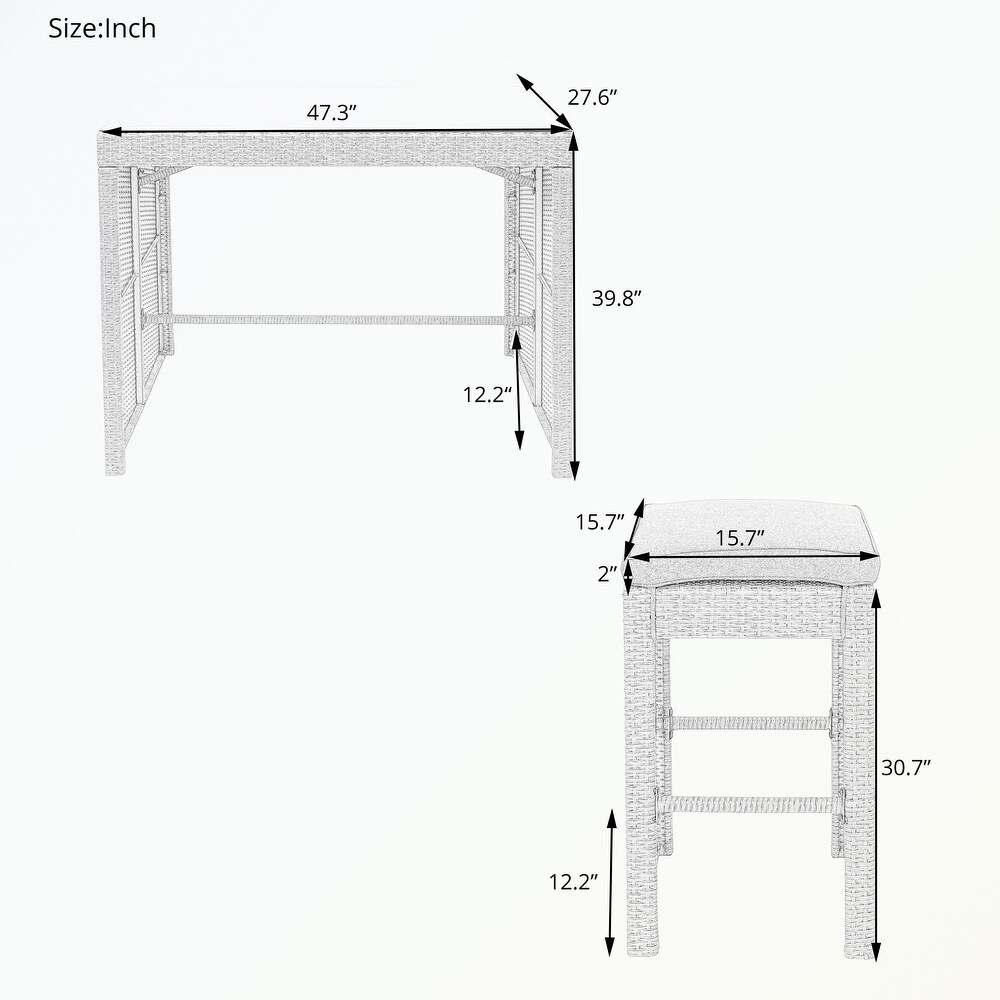 5 piece Rattan Outdoor Patio Furniture Set Bar Dining Table Set with 4 Stools