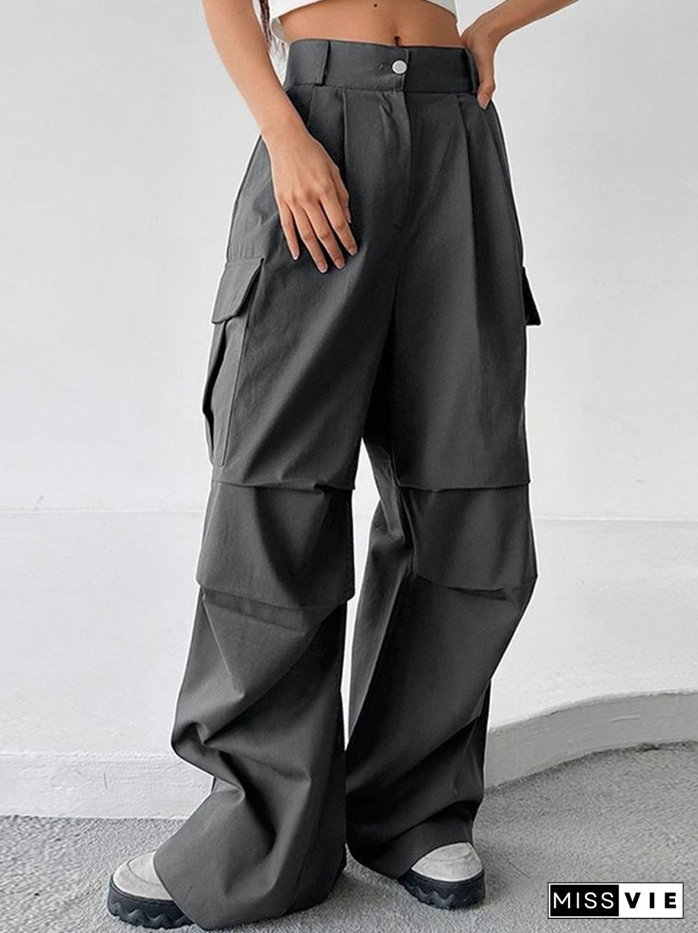 Street Pleated Large Pocket Cargo Straight Leg Pants