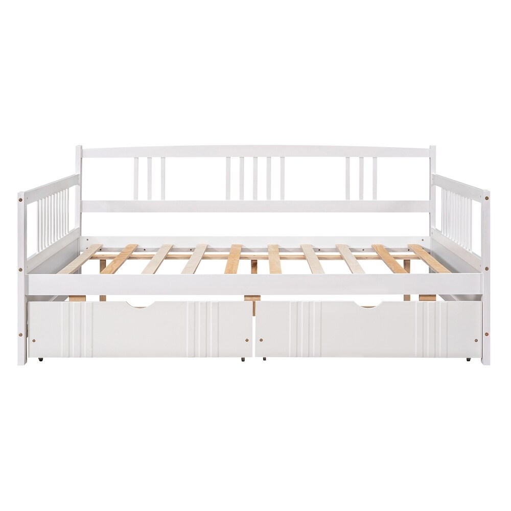 Twin Size Wood Daybed with 2 Storage Drawers and 3 Side Guardrail  Wood Kid's Bed with Wood Slats for Bedroom