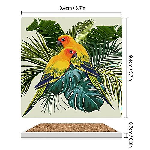 Colourlife Square Drink Coasters 2 Pcs Tropical Exotic Leaves Parrots Absorbent Ceramic Coffee Coasters For Drinks With Cork Base Housewarming Gift Fo