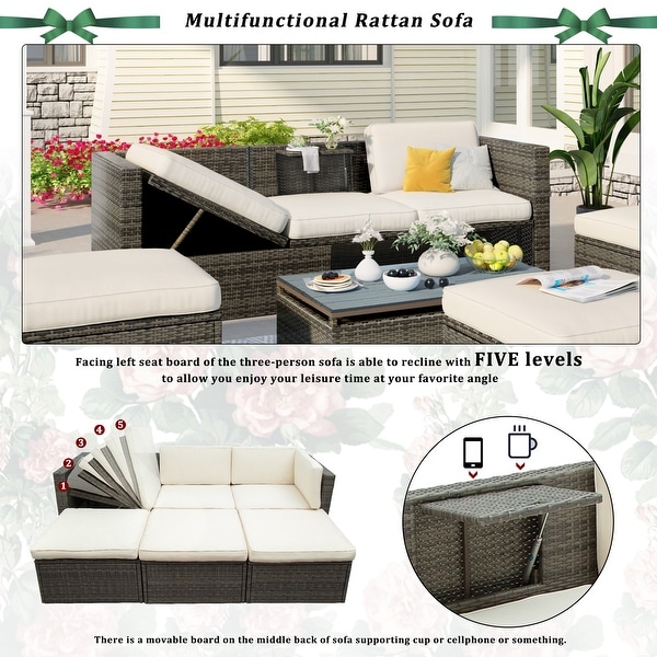 Outdoor Patio Furniture Set 5 Piece Wicker Conversation Set with Lift Coffee Table Sectional Set 3 Seat Sofa Couch