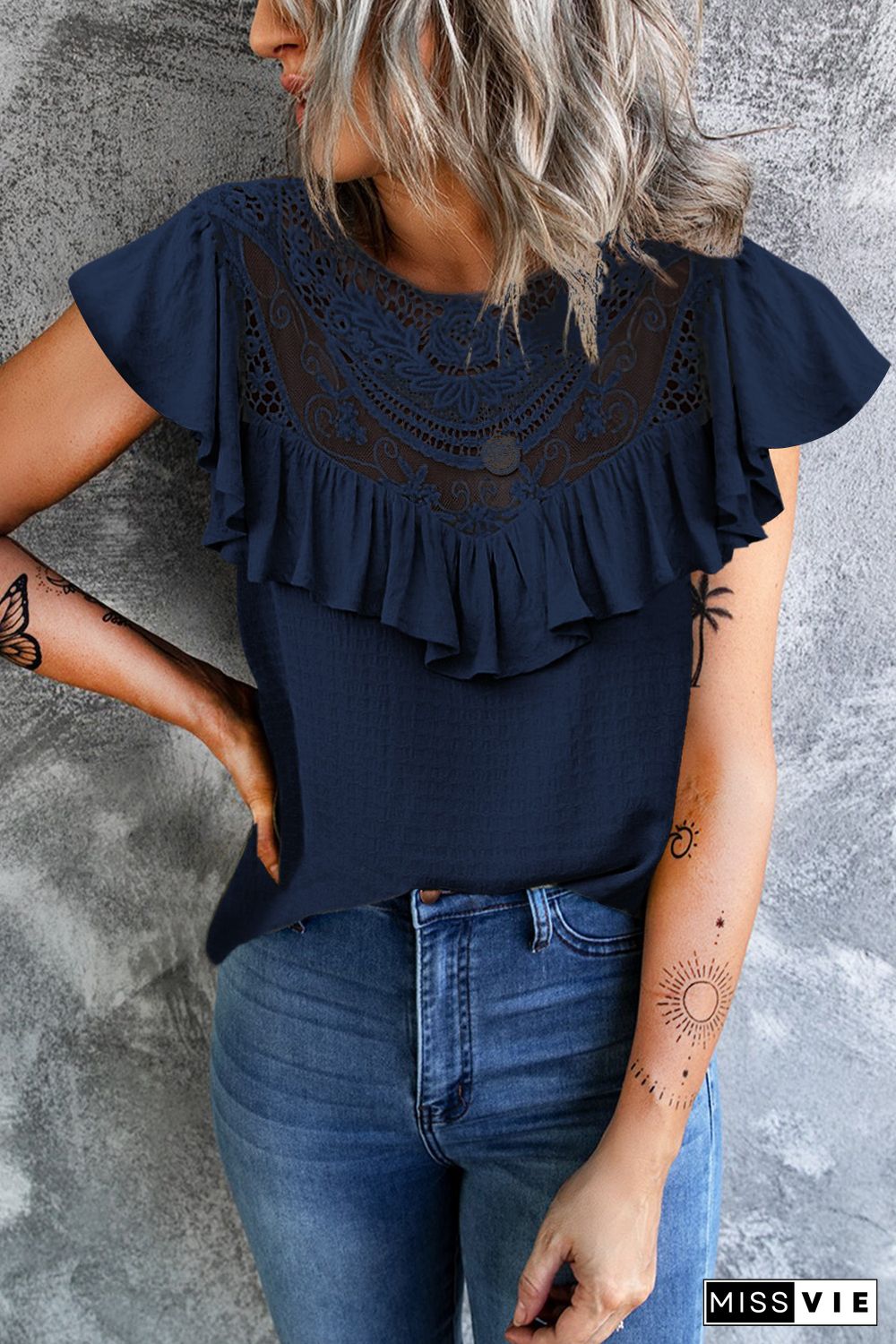 Navy Lace Splicing Ruffled Short Sleeve T-shirt