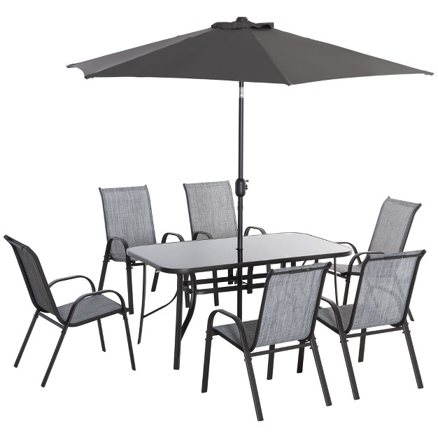 Outsunny 8 Piece Patio Furniture Set With Umbrella Outdoor Dining Table And Chairs 6 Chairs Push Button Tilt And Crank Parasol Glass Top Gray