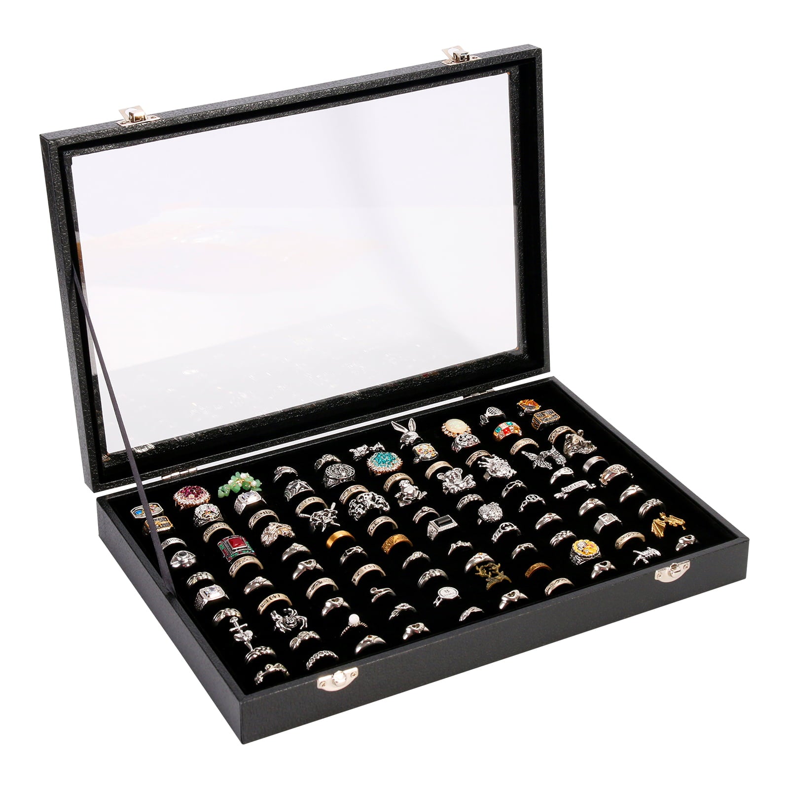 Coward 100 Slots Ring Organizer Display Case,Black Velvet Rings Tray with Glass Lid,Jewelry Displays for Big Wide Rings Selling and Show.