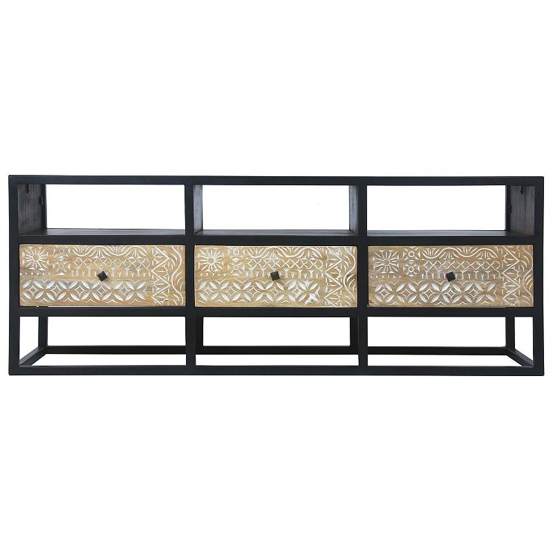 Carson 59 Inch Mango Wood TV Media Entertainment Console， Ornate Cut Out Floral Design， 3 Drawers， Natural Brown and Black