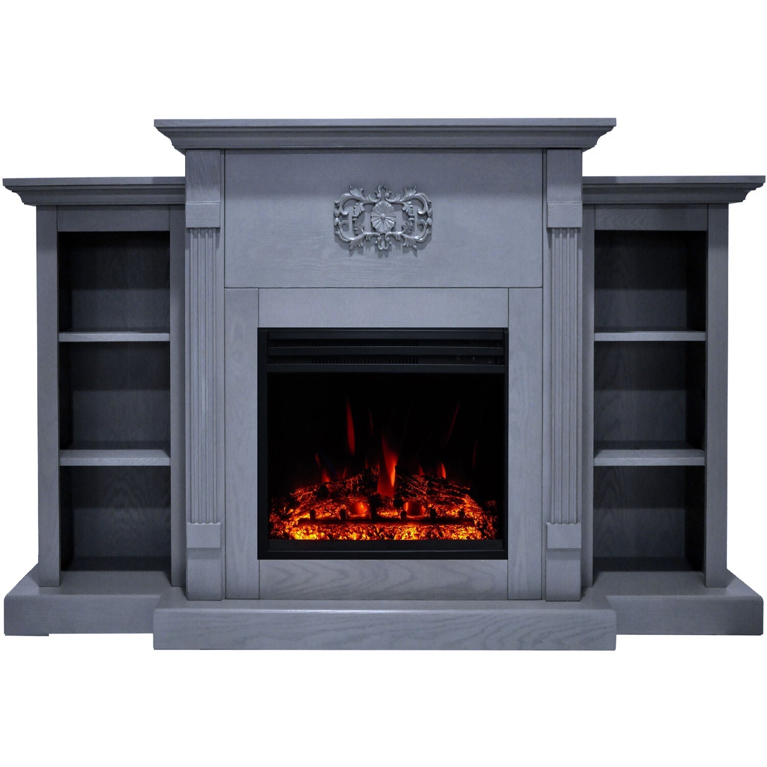 Cambridge Sanoma 72'' Electric Fireplace with Enhanced Charred Log Insert | Multi-Color Flame | For Rooms up to 210 Sq.Ft | Remote | Slate Blue Mantel | Adjustable Heat Settings