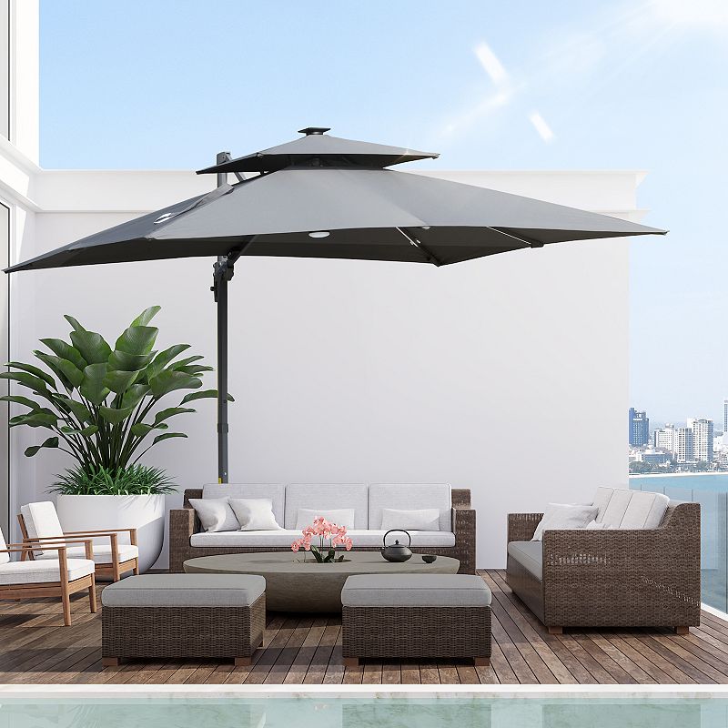 Outsunny 10ft Solar LED Cantilever Umbrella， Offset Hanging Umbrella with 360▲Rotation， Cross Base， 8 Ribs， Tilt and Crank for Yard， Garden and Poolside， Grey