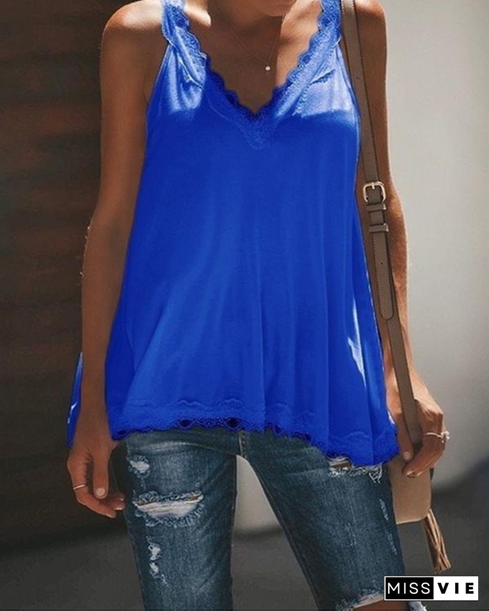 Women Casual  V Neck Paneled Spaghetti Solid Sexy Camis Tops