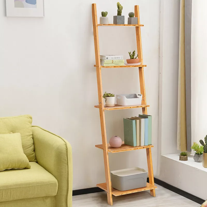 5-Tier Modern Wicker Wall-Leaning Display Ladder Bookshelf