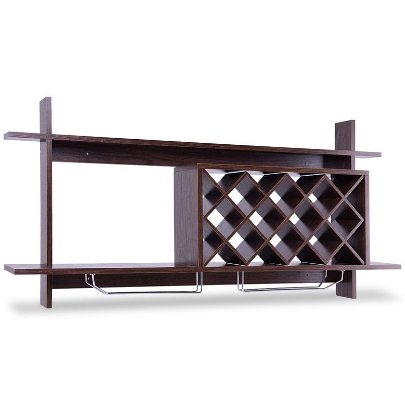 Wall Mount Wine Rack with Glass Holder and Storage Shelf-Walnut