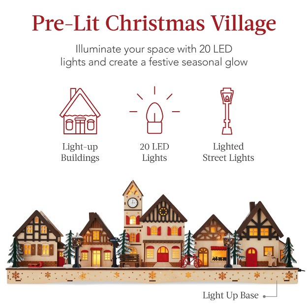 Best Choice Products Pre lit Wooden Christmas Village Plug in battery powered Winter Mantel Decor W 20 Led Lights