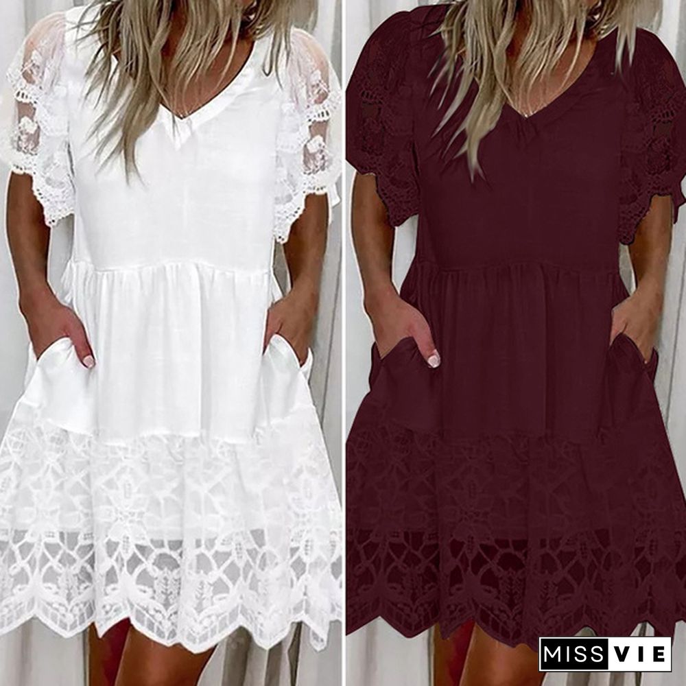 S-5XL Vintage Ladies Loose V Neck Lace Patchwork Sundress Holiday Beach Summer Mini Shirt Dress