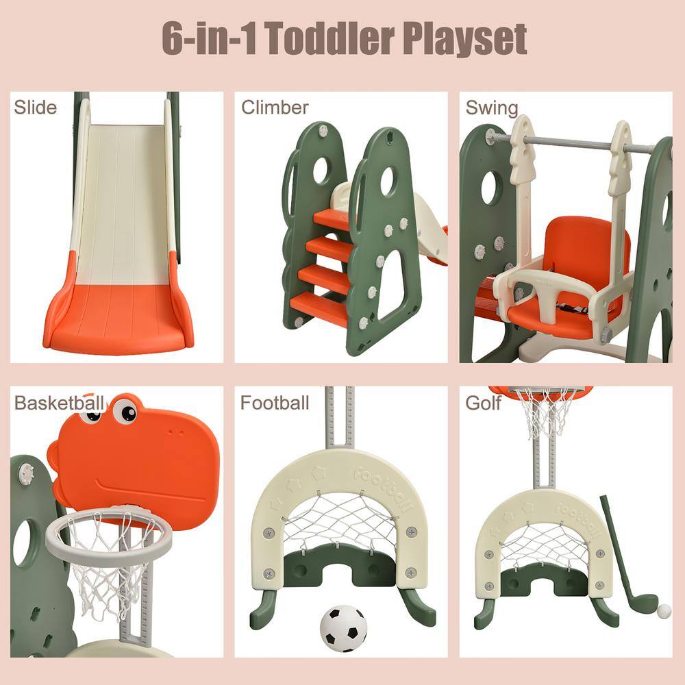 Costway 6-in-1 Toddler Slide and Swing Set Climber Playset with Ball Games Orange TY327935OR