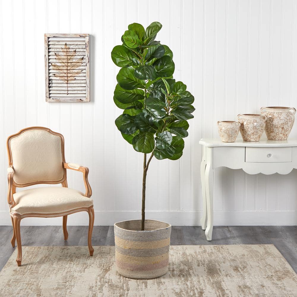 Nearly Natural 5.5 ft. Green Fiddle Leaf Fig Artificial Tree in Handmade Natural Cotton Multicolored Woven Planter T2909