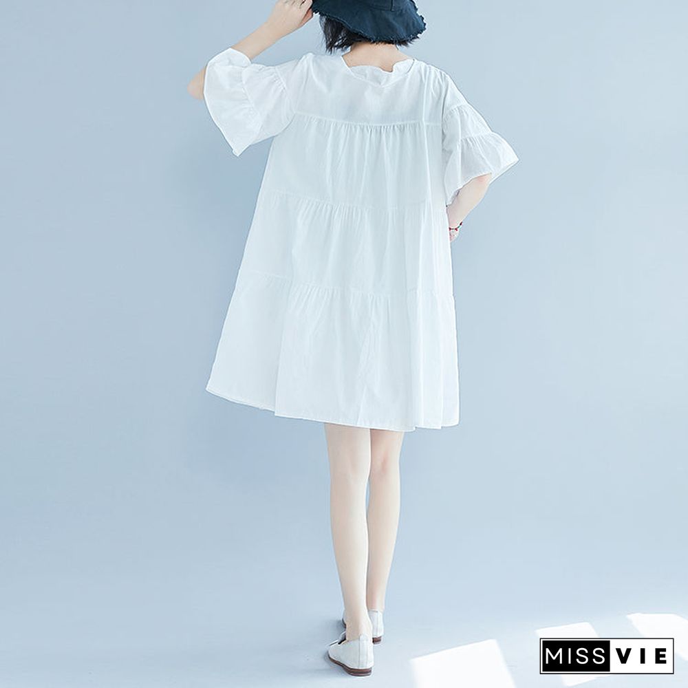 vintage white plus size casual dress casual trumpet sleeves a line skirts o neck cotton dress