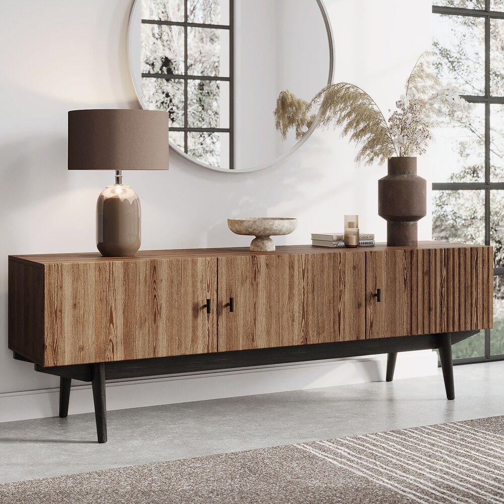 Living Skog Chelsea Brown TV Stand Fits for TV's up to 65 in. with Slatted Design and Wood Legs