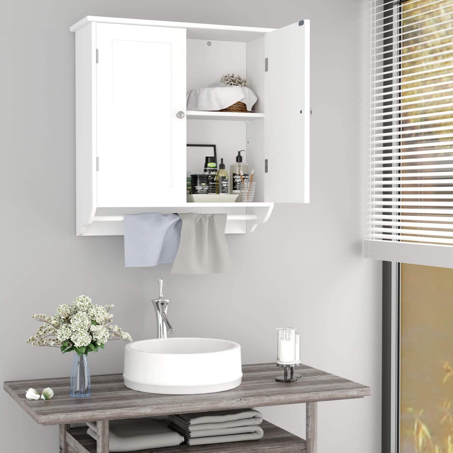 Homfa Bathroom Wall Cabinet,  23.6'' W over The Toilet Storage Cabinet with Double Door Cupboard and Adjustable Shelf and Towels Bar, White