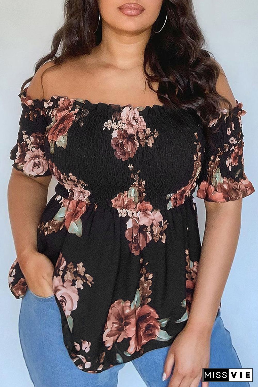 Black Floral Smocked Off Shoulder Plus Size Blouse