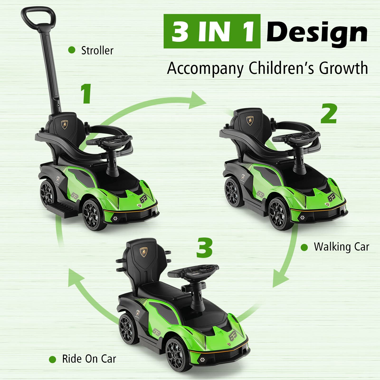 Costzon Push Cars for Toddlers 1-3, 3 in 1 Licensed Lamborghini Stroller Sliding Walking Car