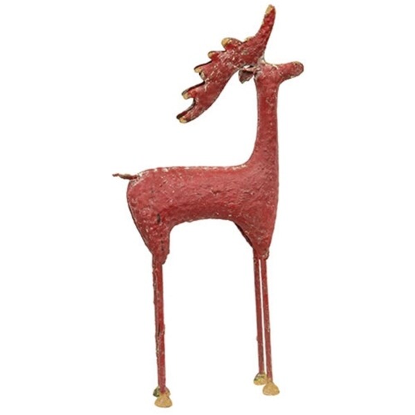 Distressed Red and Gold Painted Metal Standing Deer